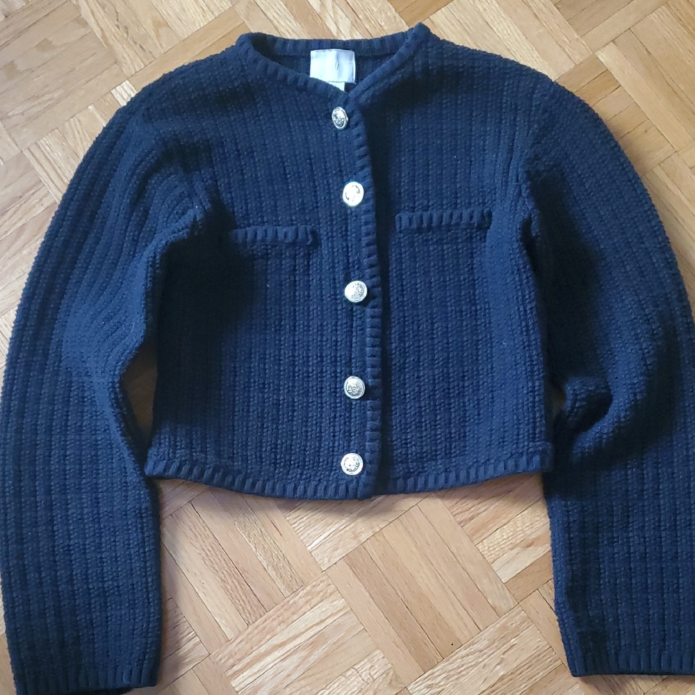 Chic H&M Black Textured Knit Cardigan Sweater Crest Button Details